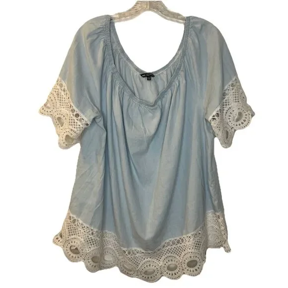 Unique Spectrum Top Womens 2X Plus Size Light Blue Lace Trim Boho Artsy - Picture 1 of 9